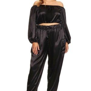 High-Waist Two Piece Satin Jogger Set